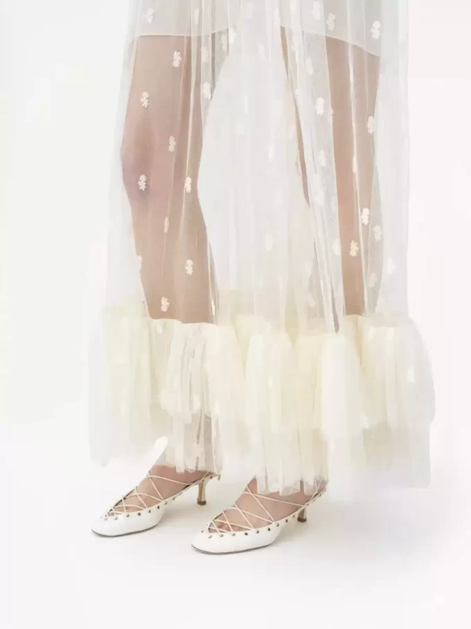 Gathered V-neck long dress in embroidered lace Gathered V-neck long dress in embroidered lace