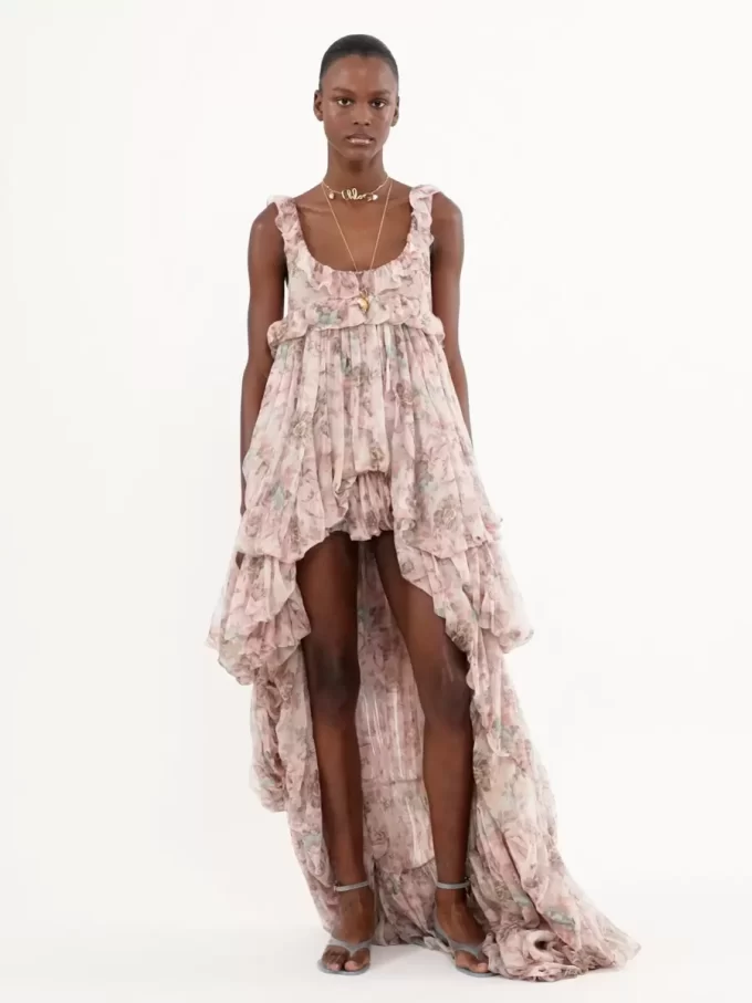 High-low ruffled dress in silk mousseline High-low ruffled dress in silk mousseline