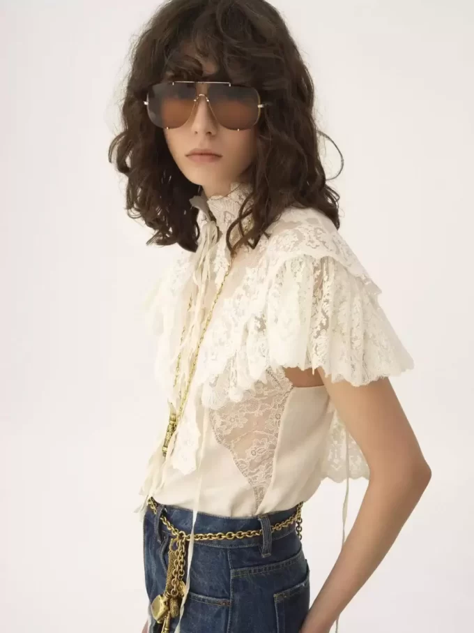 High-neck cropped top in cotton tulle & lace High-neck cropped top in cotton tulle & lace