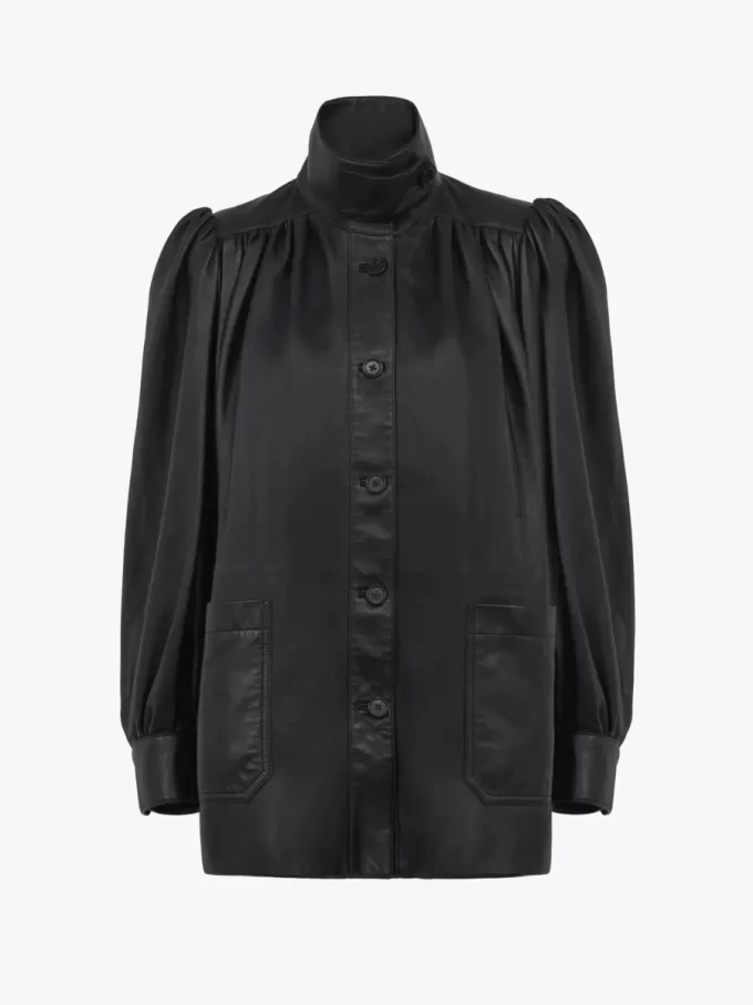 High-neck gathered coat in leather High-neck gathered coat in leather
