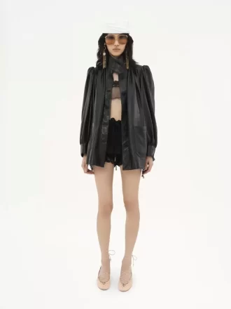 High-neck gathered coat in leather