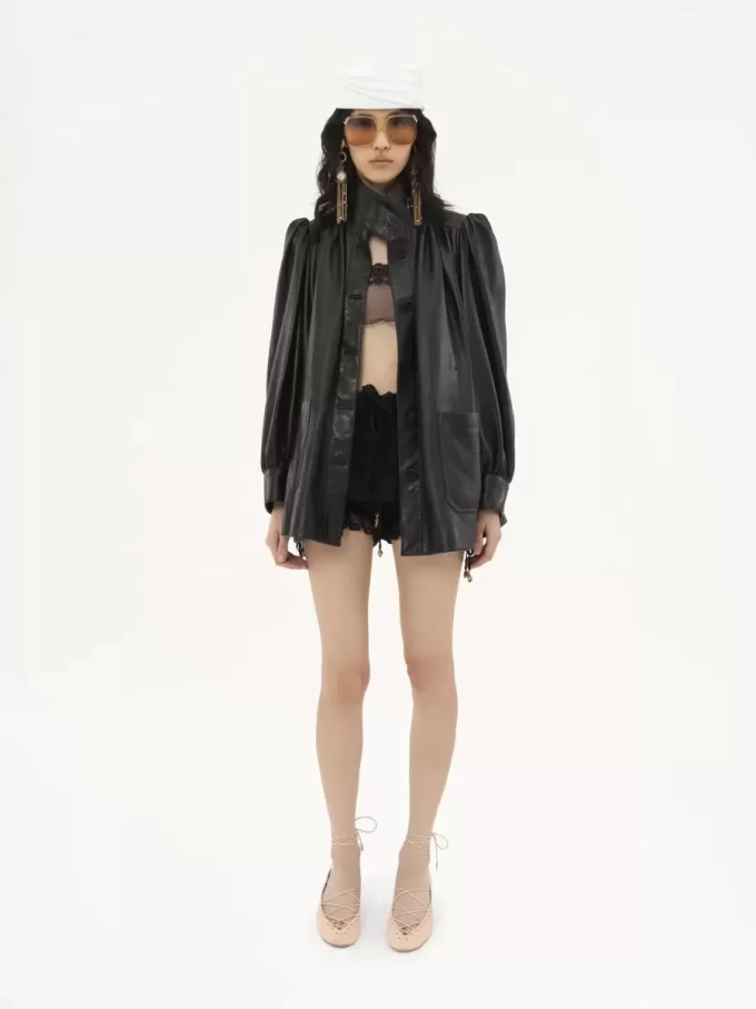 High-neck gathered coat in leather High-neck gathered coat in leather