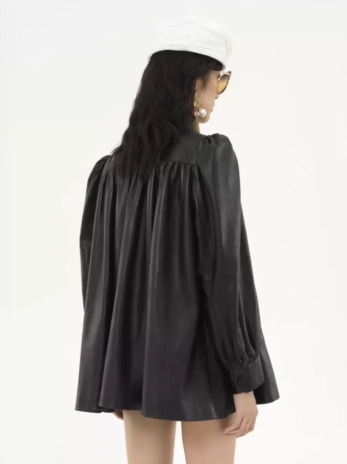 High-neck gathered coat in leather High-neck gathered coat in leather