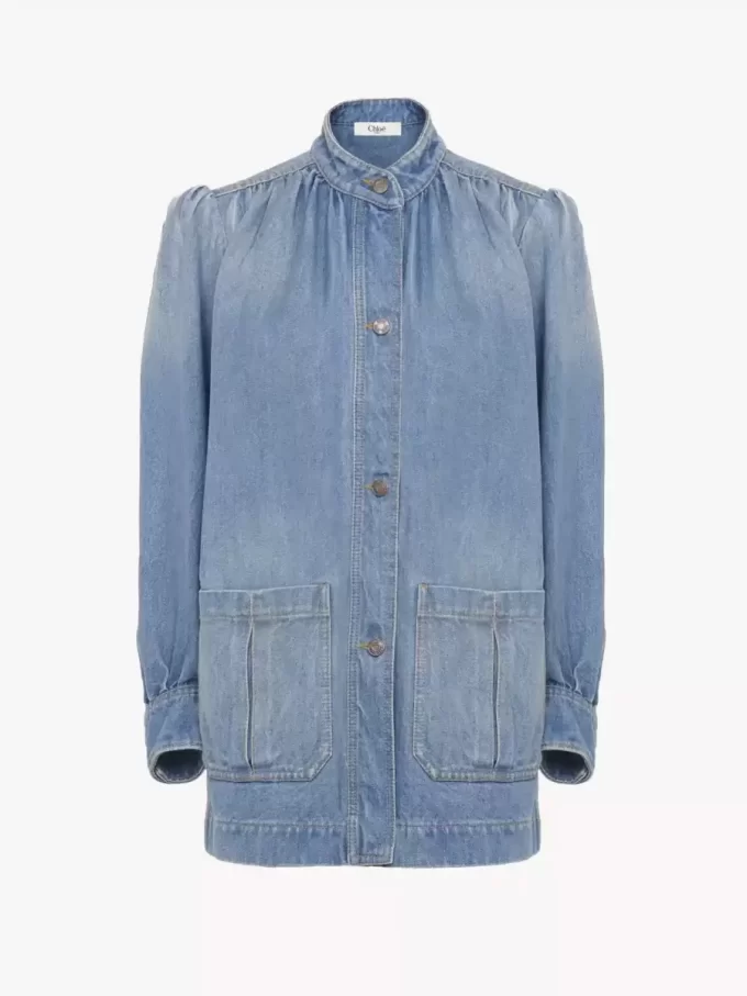 High-neck gathered jacket in denim High-neck gathered jacket in denim