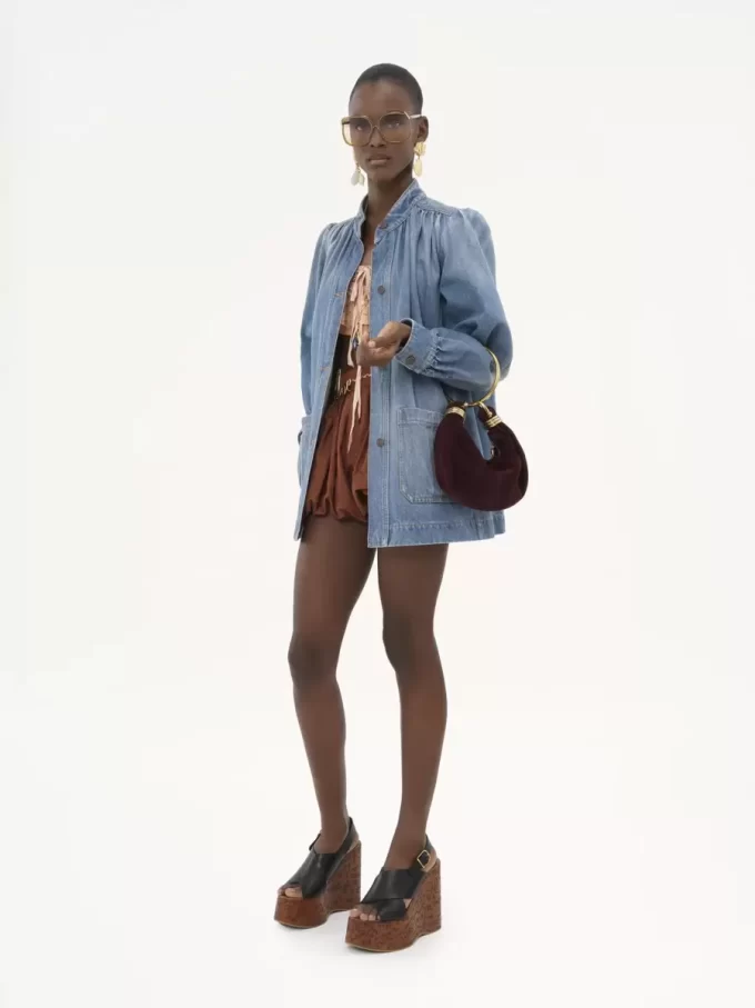 High-neck gathered jacket in denim High-neck gathered jacket in denim