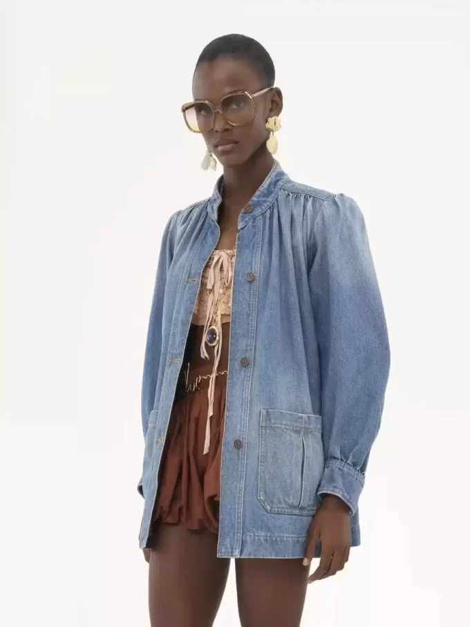 High-neck gathered jacket in denim High-neck gathered jacket in denim