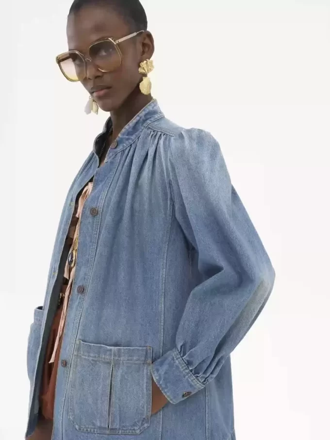 High-neck gathered jacket in denim High-neck gathered jacket in denim