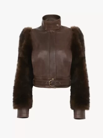 High-neck short jacket in leather