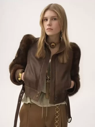 High-neck short jacket in leather