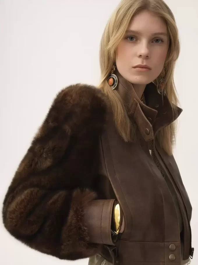 High-neck short jacket in leather High-neck short jacket in leather