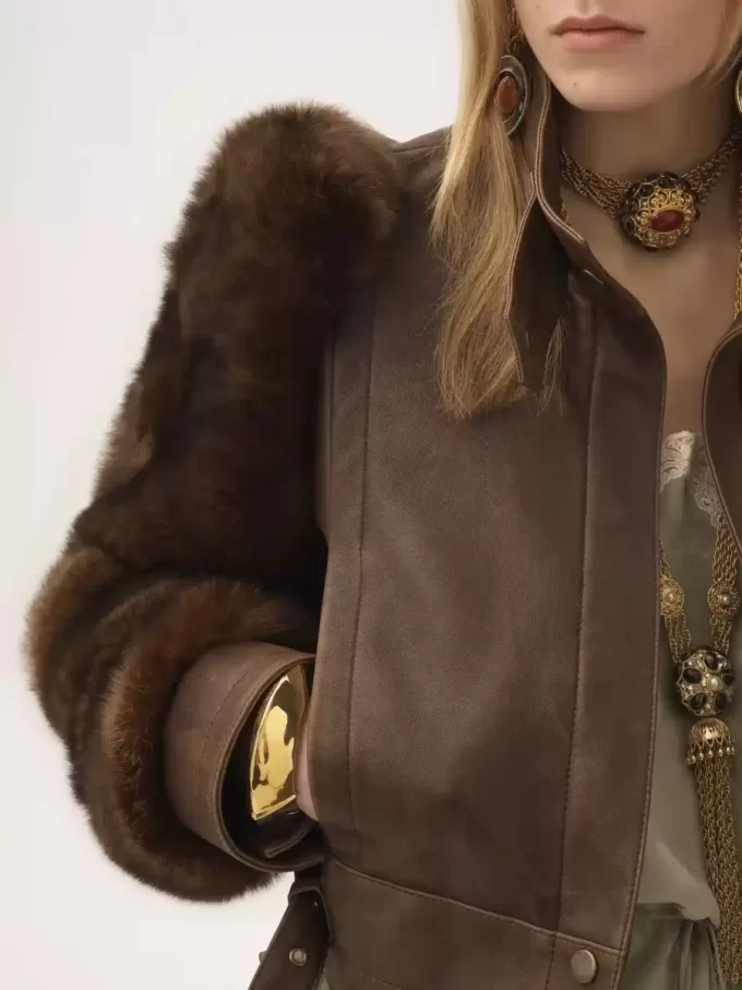 High-neck short jacket in leather High-neck short jacket in leather