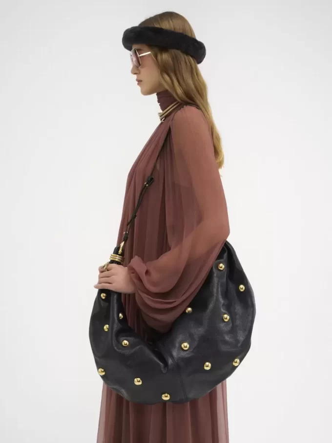 Large Bracelet hobo bag in grained leather with studs Large Bracelet hobo bag in grained leather with studs