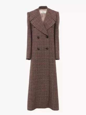 Long double-breasted coat in check wool