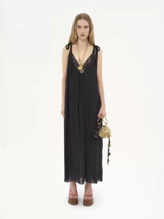 Long slip dress in silk charmeuse & lace