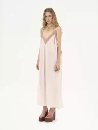 Long slip dress in silk habotai & lace