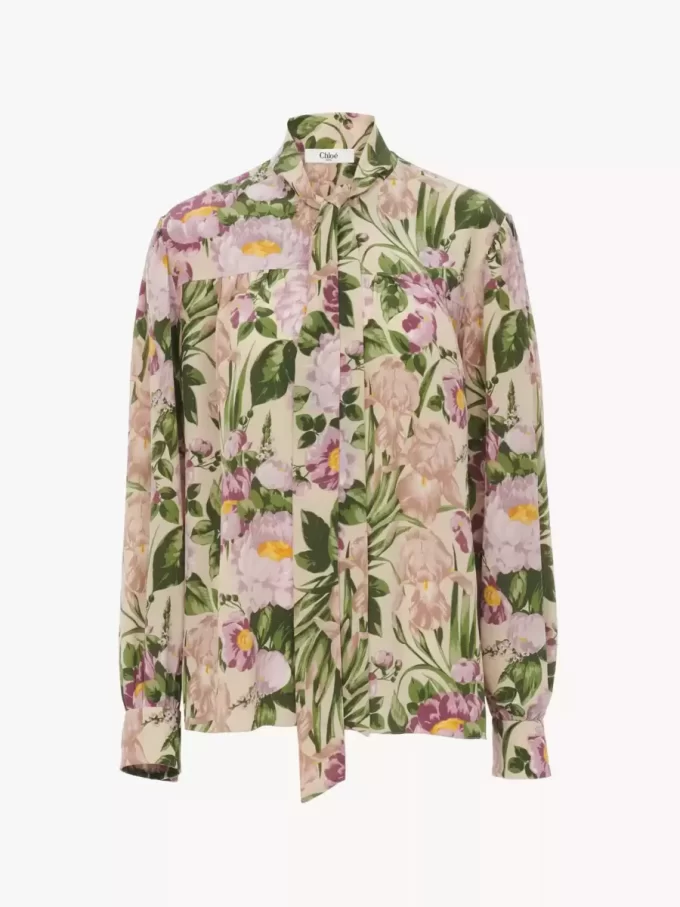 Maxi gathered lavallière blouse in crêpe de chine Maxi gathered lavallière blouse in crêpe de chine