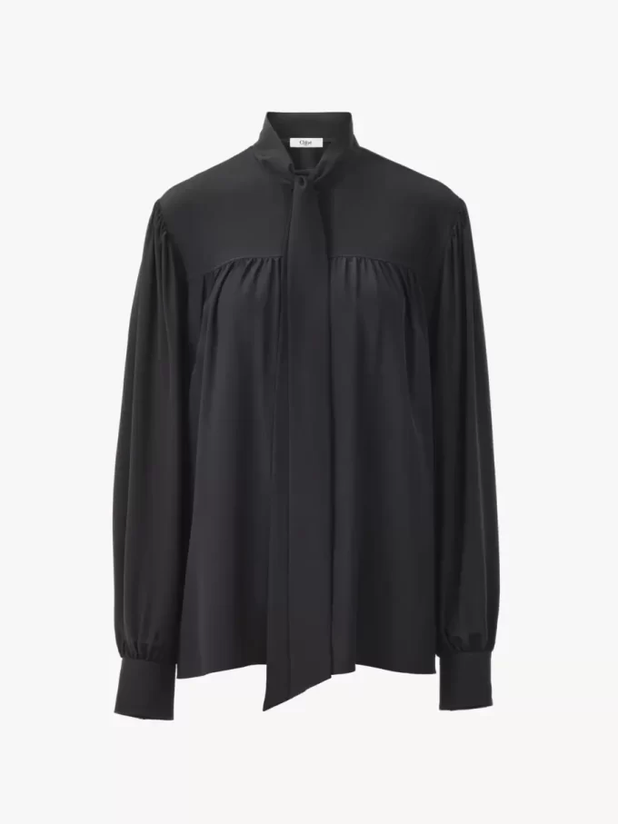 Maxi gathered lavallière blouse in crêpe de chine Maxi gathered lavallière blouse in crêpe de chine