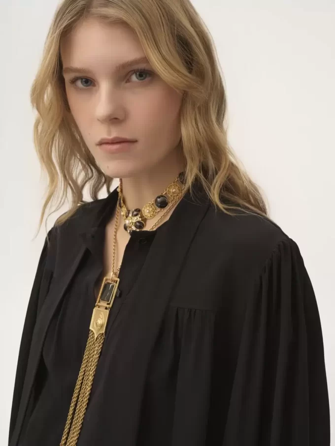 Maxi gathered lavallière blouse in crêpe de chine Maxi gathered lavallière blouse in crêpe de chine