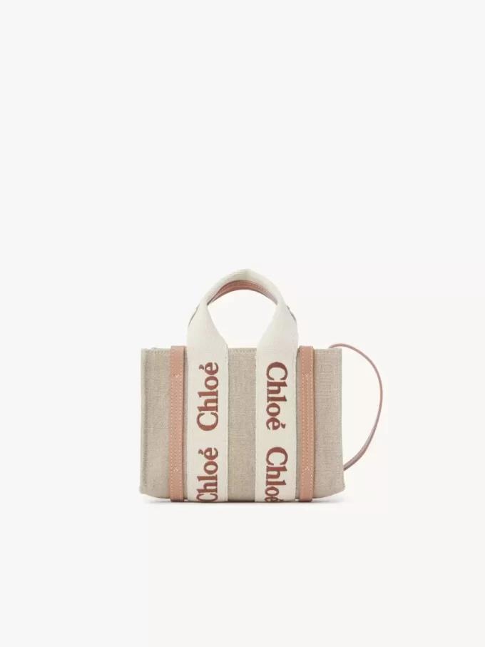 Mini Woody tote bag in linen & leather Mini Woody tote bag in linen & leather