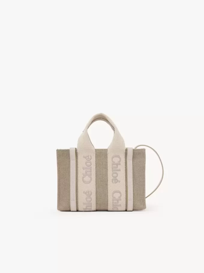 Mini Woody tote bag in linen & leather Mini Woody tote bag in linen & leather