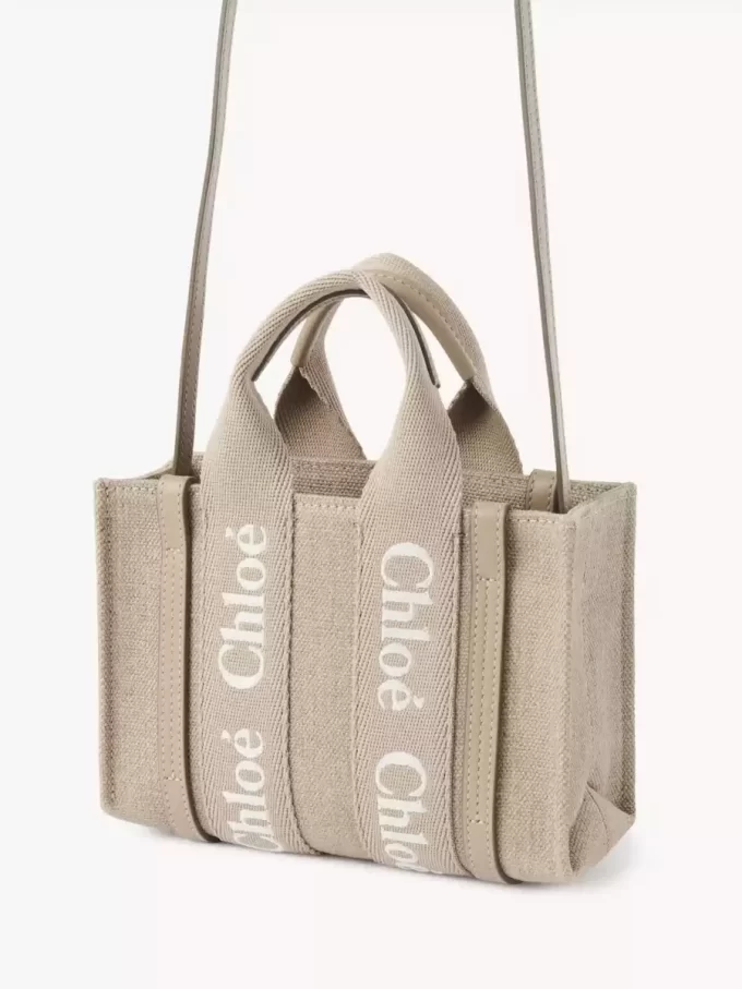 Mini Woody tote bag in linen & leather Mini Woody tote bag in linen & leather