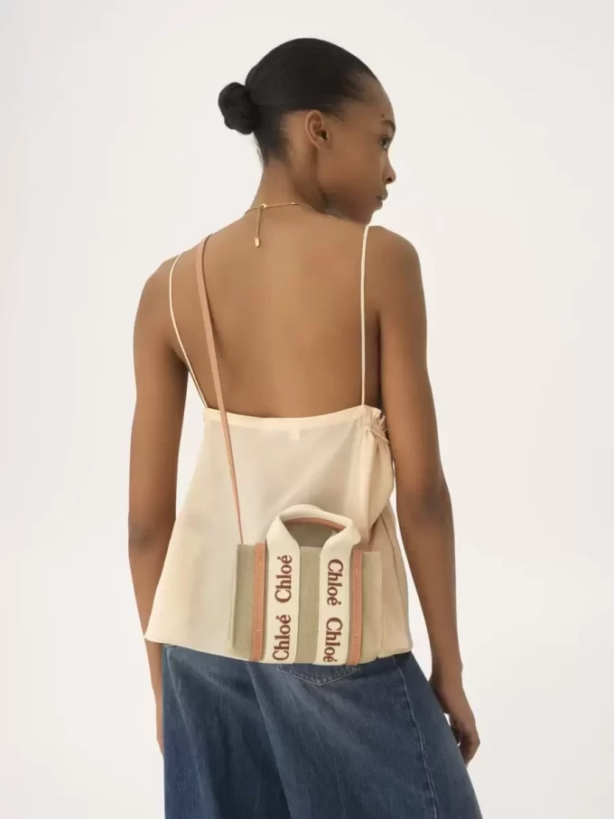 Mini Woody tote bag in linen & leather Mini Woody tote bag in linen & leather