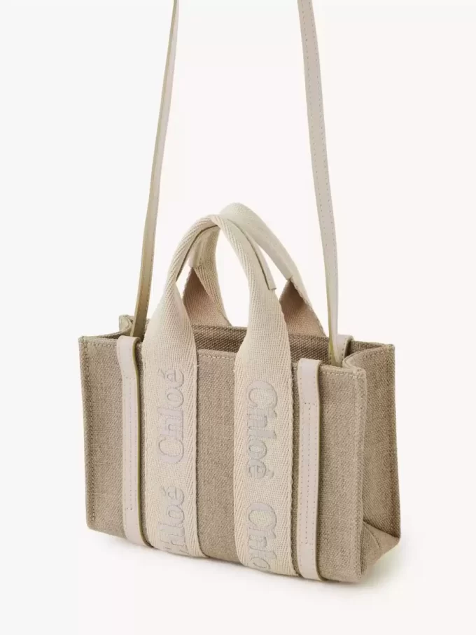 Mini Woody tote bag in linen & leather Mini Woody tote bag in linen & leather
