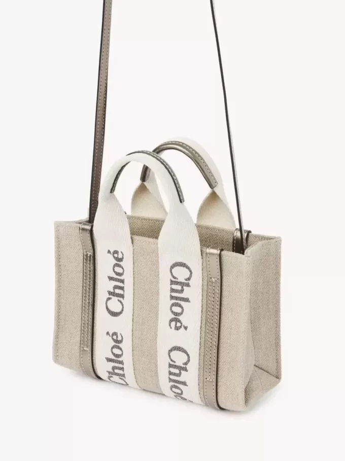 Mini Woody tote bag in linen & leather Mini Woody tote bag in linen & leather