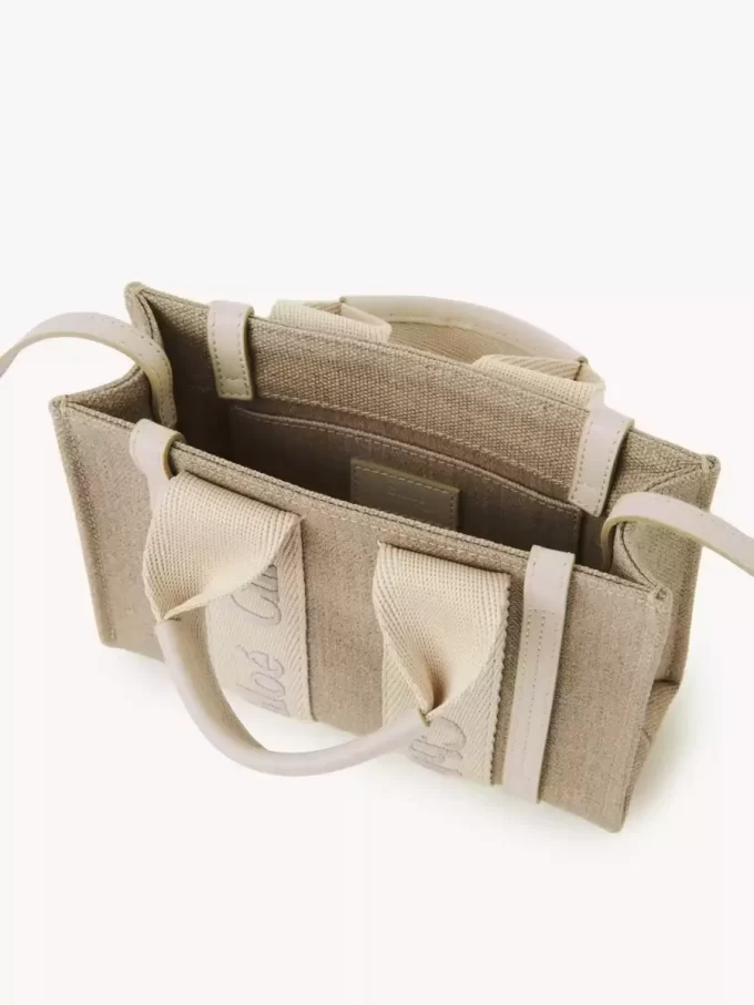 Mini Woody tote bag in linen & leather Mini Woody tote bag in linen & leather