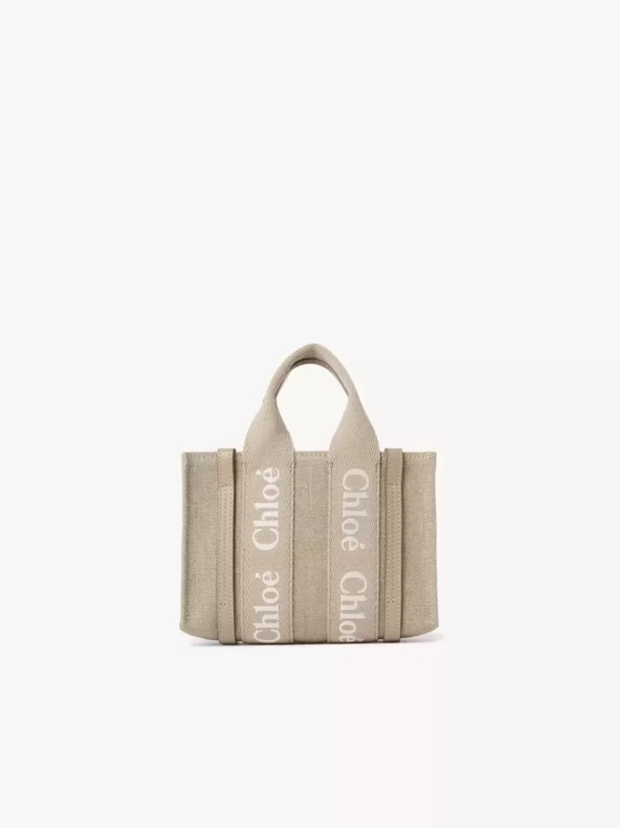 Mini Woody tote bag in linen & leather Mini Woody tote bag in linen & leather
