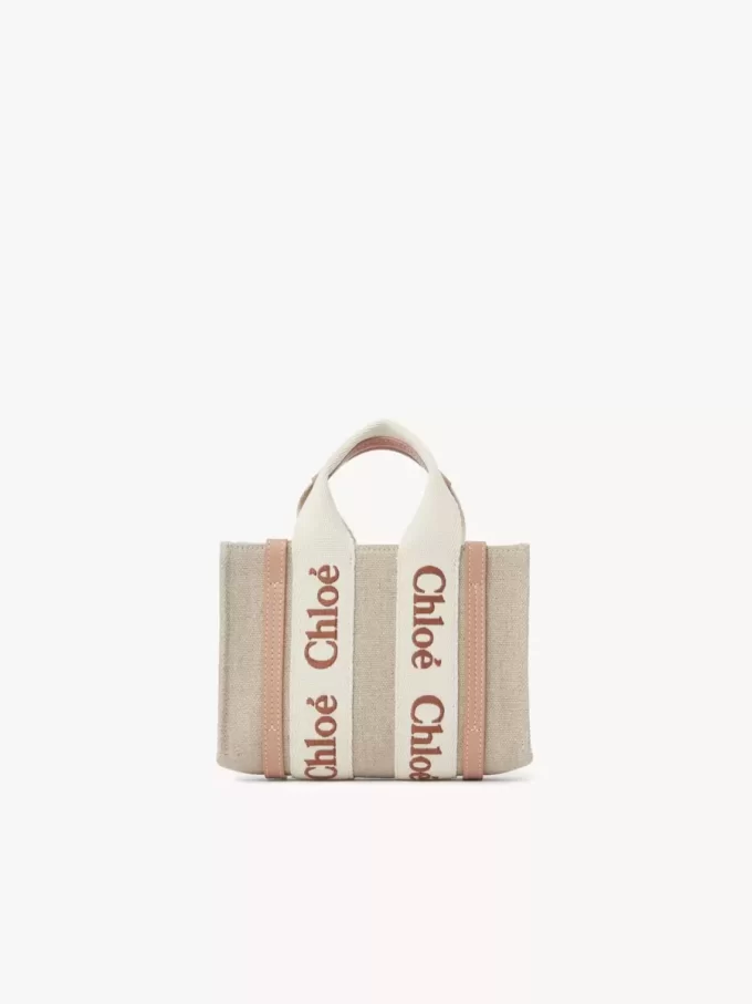 Mini Woody tote bag in linen & leather Mini Woody tote bag in linen & leather