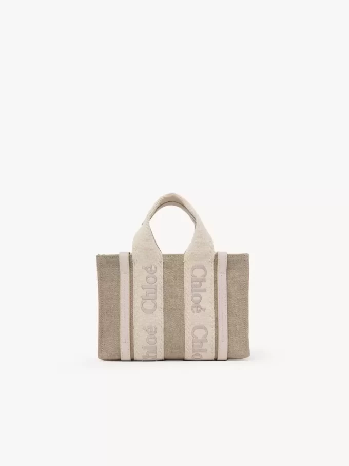 Mini Woody tote bag in linen & leather Mini Woody tote bag in linen & leather