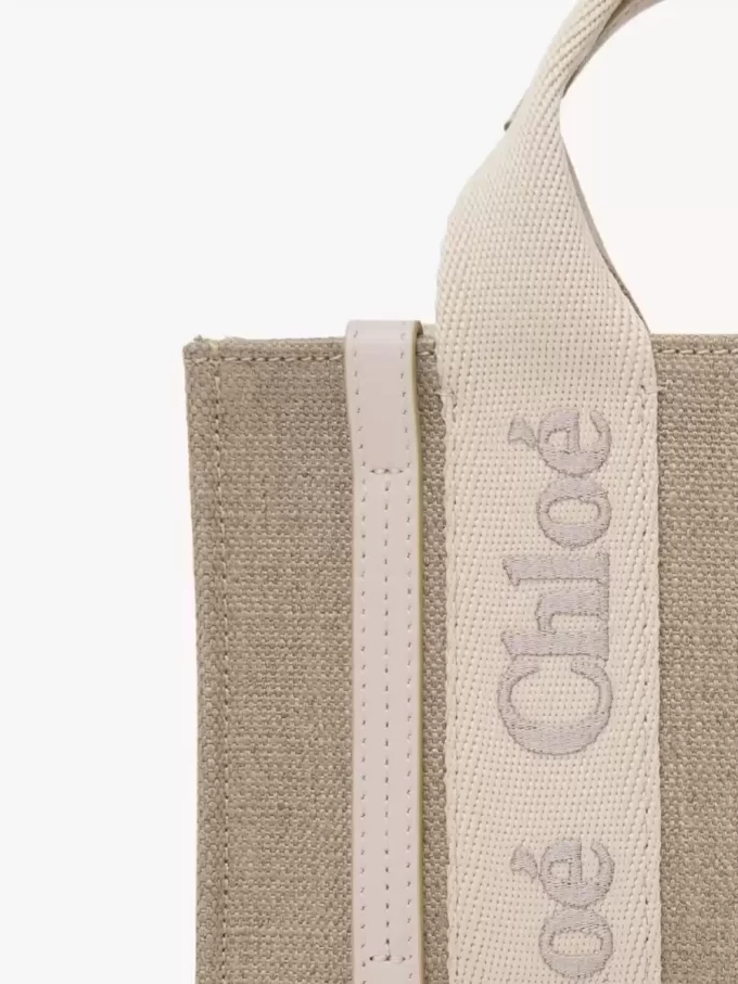 Mini Woody tote bag in linen & leather Mini Woody tote bag in linen & leather