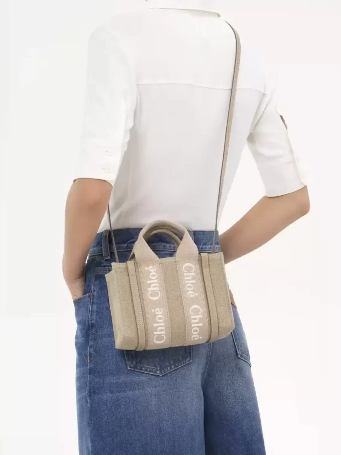 Mini Woody tote bag in linen & leather Mini Woody tote bag in linen & leather