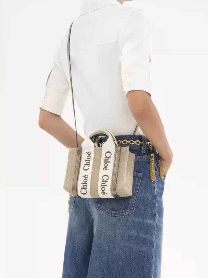 Mini Woody tote bag in linen & leather Mini Woody tote bag in linen & leather