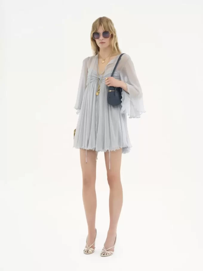 Pleated mini dress in silk mousseline Pleated mini dress in silk mousseline