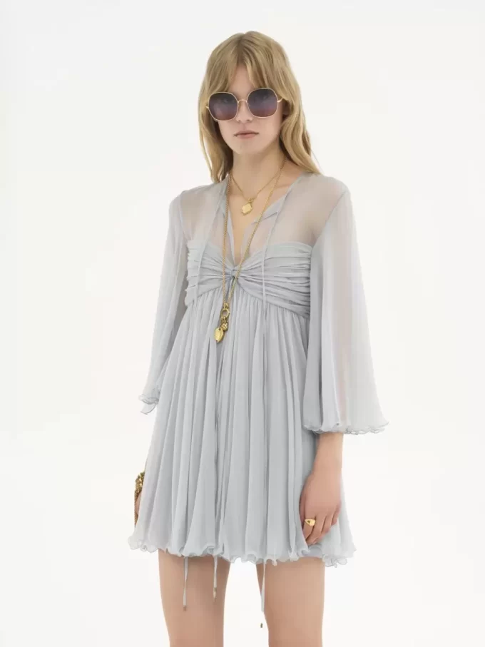 Pleated mini dress in silk mousseline Pleated mini dress in silk mousseline