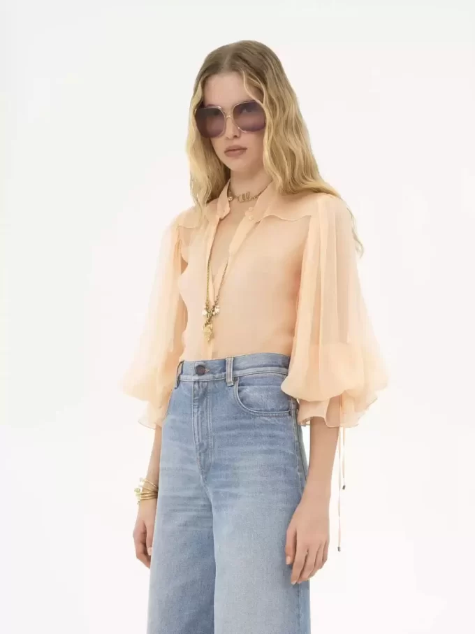 Puff-sleeve blouse in silk mousseline Puff-sleeve blouse in silk mousseline