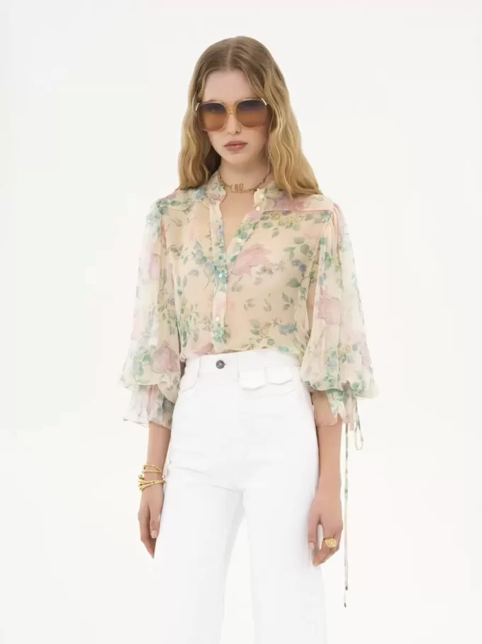 Puff-sleeve blouse in silk mousseline Puff-sleeve blouse in silk mousseline