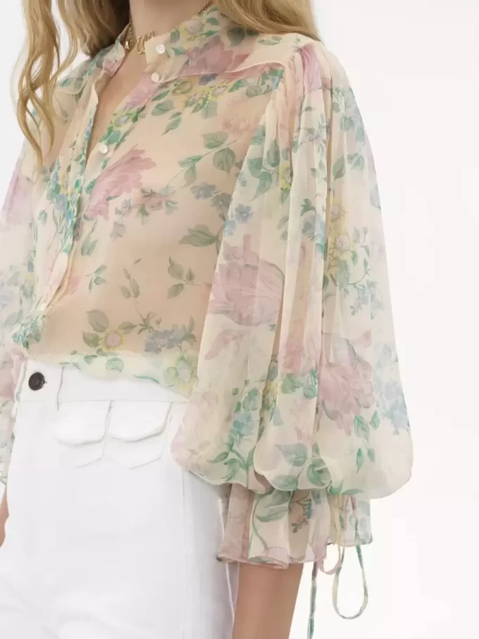 Puff-sleeve blouse in silk mousseline Puff-sleeve blouse in silk mousseline