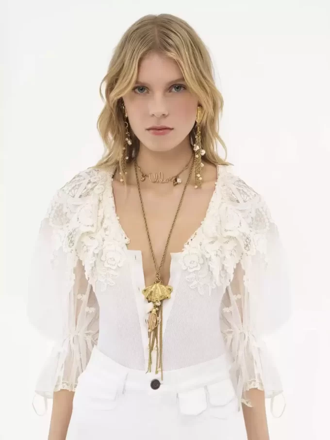 Puff-sleeve bodysuit in guipure lace cotton mix Puff-sleeve bodysuit in guipure lace cotton mix