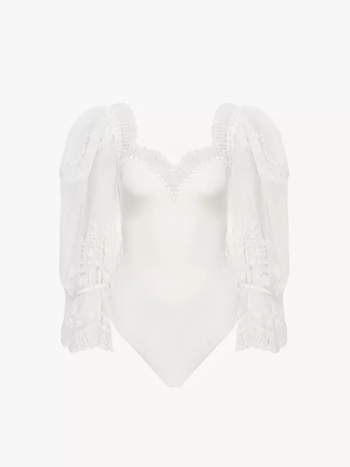 Puff-sleeve bodysuit in shiny stretch jersey & lace Puff-sleeve bodysuit in shiny stretch jersey & lace