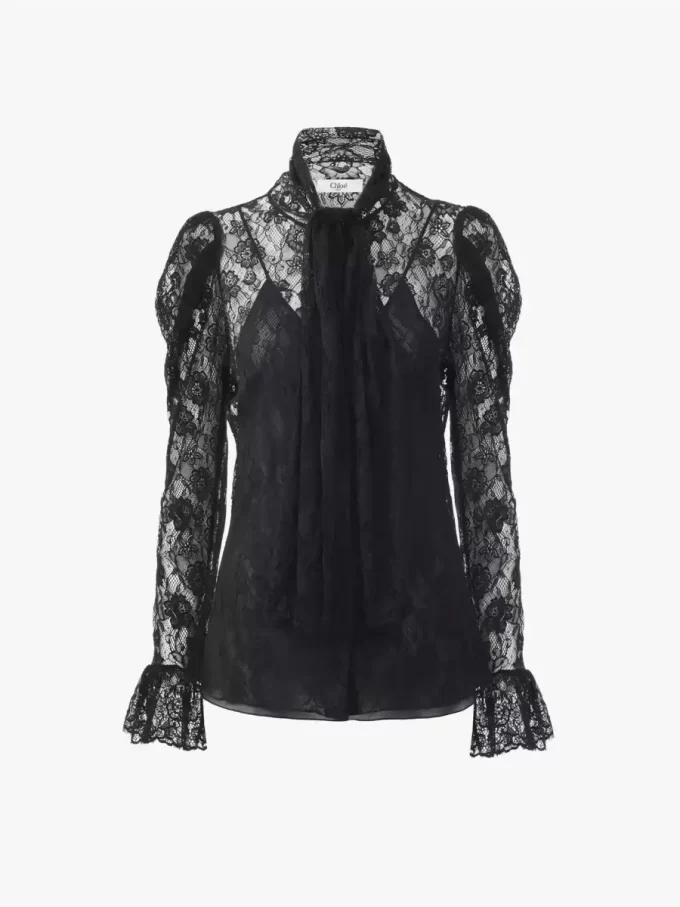 Puff-sleeve lavallière top in floral lace jacquard Puff-sleeve lavallière top in floral lace jacquard