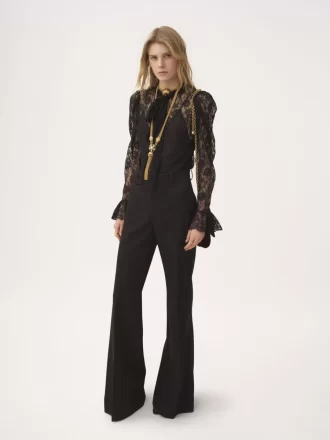 Puff-sleeve lavallière top in floral lace jacquard