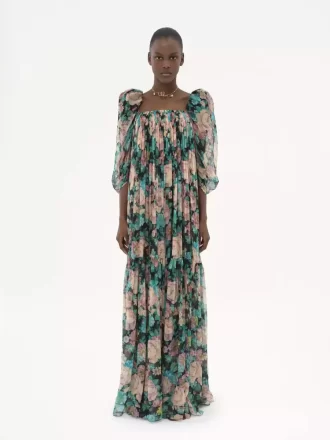 Puff-sleeve long dress in silk mousseline