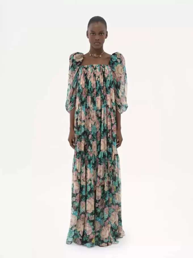 Puff-sleeve long dress in silk mousseline Puff-sleeve long dress in silk mousseline
