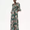 Puff-sleeve long dress in silk mousseline Puff-sleeve long dress in silk mousseline