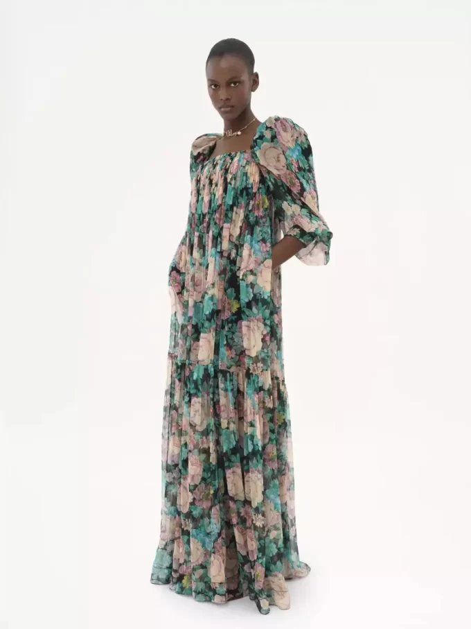 Puff-sleeve long dress in silk mousseline Puff-sleeve long dress in silk mousseline