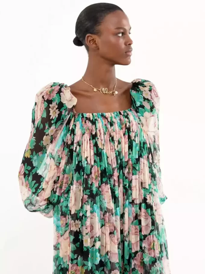 Puff-sleeve long dress in silk mousseline Puff-sleeve long dress in silk mousseline