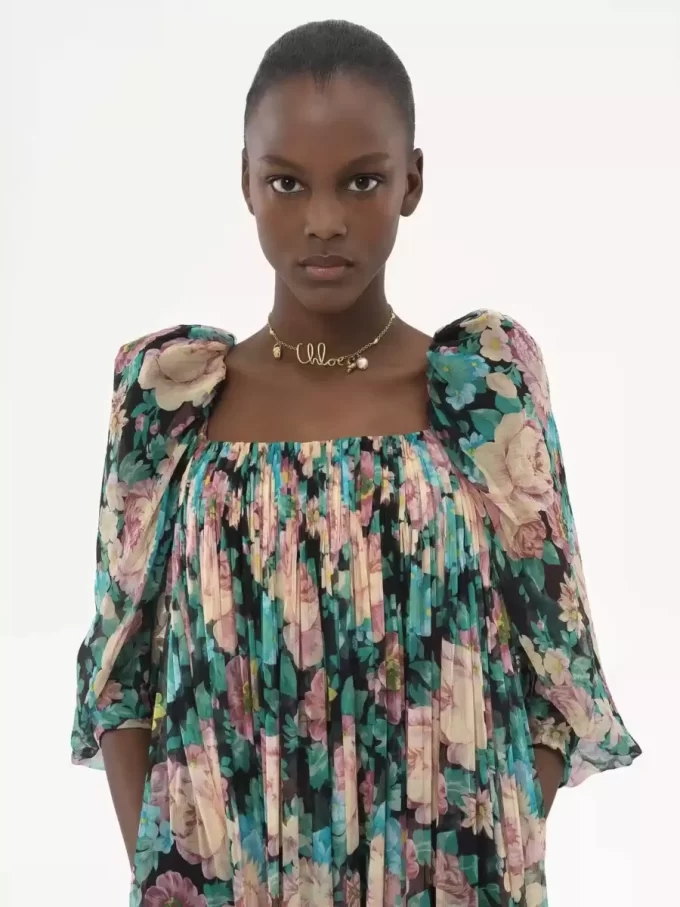 Puff-sleeve long dress in silk mousseline Puff-sleeve long dress in silk mousseline